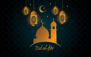Eid Mubarak With Gold Mosque And Lantern Eid Mubarak With Gold Mosque And Lantern