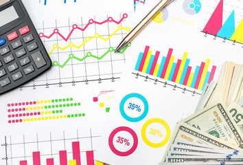 Obraz premium Calculator with dollar bills on multicolour financial graphs and charts. Business concept.