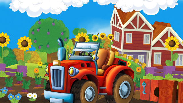 cartoon happy and sunny farm scene with tractor for different usage - illustration for children © honeyflavour