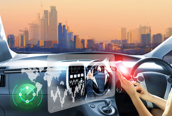 vehicle running self driving mode electric car or intelligent car.Heads up display(HUD).futuristic...