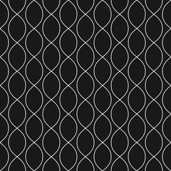 Fototapeta premium Subtle black & white vector background. Abstract geometric seamless pattern with thin curved lines, ovals, mesh, lattice. Dark monochrome texture. Delicate design for decoration, covers, digital, web