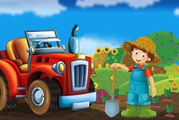 cartoon scene with tractor and farmer boy on a farm - vehicle for different tasks - illustration for children 