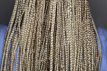 texture of hair thin and thick pigtails, masters braid hair in tight braids, close-up in African style