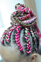 thick braids collected in a tail or a bump, pink color of a kanekalon