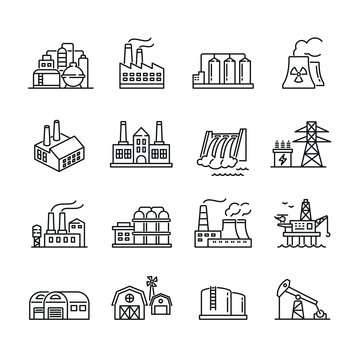 Industrial factory buildings icons: thin vector icon set, black and white kit
