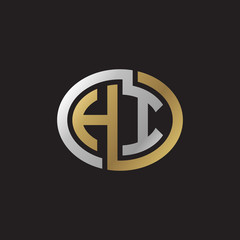 Initial letter HI, looping line, ellipse shape logo, silver gold color on black background
