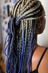 many thin plaits on the head of an African-style girl, pigtails with a kanekalon close-up on a white background, a texture of plaits
