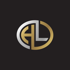 Initial letter HL, looping line, ellipse shape logo, silver gold color on black background