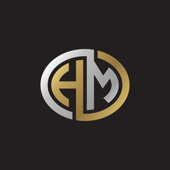 Initial letter HM, looping line, ellipse shape logo, silver gold color on black background