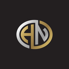 Initial letter HN, looping line, ellipse shape logo, silver gold color on black background
