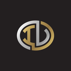 Initial letter IV, IU, looping line, ellipse shape logo, silver gold color on black background