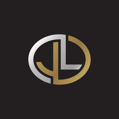 Initial letter JL, looping line, ellipse shape logo, silver gold color on black background