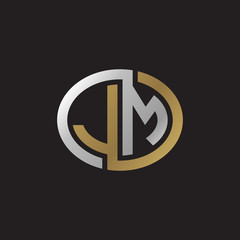 Initial letter JM, looping line, ellipse shape logo, silver gold color on black background