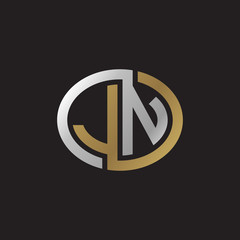 Initial letter JN, looping line, ellipse shape logo, silver gold color on black background