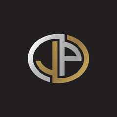 Initial letter JP, looping line, ellipse shape logo, silver gold color on black background