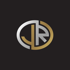 Initial letter JR, looping line, ellipse shape logo, silver gold color on black background