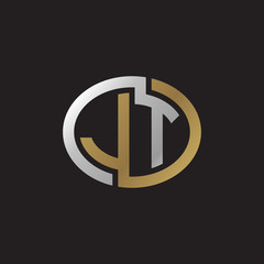 Initial letter JT, looping line, ellipse shape logo, silver gold color on black background