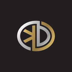 Initial letter KD, KO, looping line, ellipse shape logo, silver gold color on black background