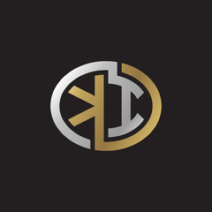 Initial letter KI, looping line, ellipse shape logo, silver gold color on black background