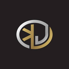 Initial letter KJ, looping line, ellipse shape logo, silver gold color on black background