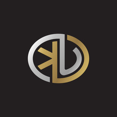 Initial letter KU, looping line, ellipse shape logo, silver gold color on black background