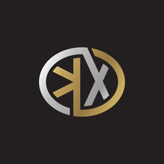 Initial letter KX, looping line, ellipse shape logo, silver gold color on black background