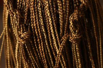 texture of thin African braids classic hairstyle African American, European hair, blond, girls with white skin, close-up hairstyle, pigtails in details