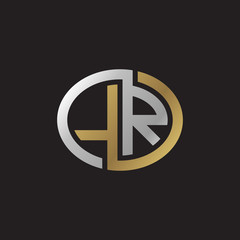 Initial letter LR, looping line, ellipse shape logo, silver gold color on black background