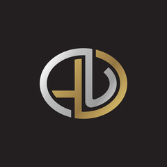Initial letter LU, looping line, ellipse shape logo, silver gold color on black background