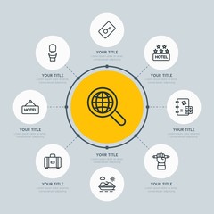 Circle network chart hotel, education, travel infographic template with 8 options for presentations, advertising, annual reports.