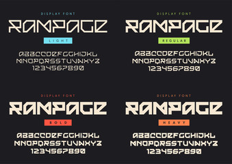 Vector modern display font named Rampage. Light, regular, bold a