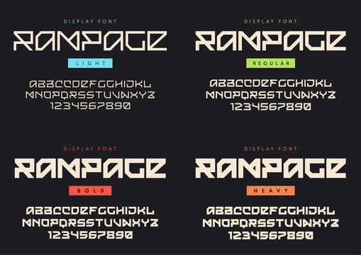 Vector modern display font named Rampage. Light, regular, bold a
