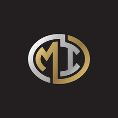 Initial letter MI, looping line, ellipse shape logo, silver gold color on black background