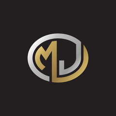 Initial letter MJ, looping line, ellipse shape logo, silver gold color on black background
