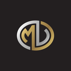 Initial letter MV, MU, looping line, ellipse shape logo, silver gold color on black background