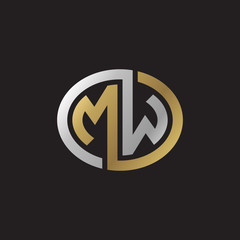 Initial letter MW, looping line, ellipse shape logo, silver gold color on black background