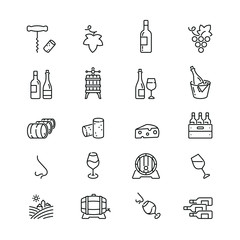 Wine related icons: thin vector icon set, black and white kit