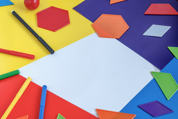 Multi-colored children's background from accessories for game and development. Flat lay. Copyspase