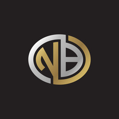 Initial letter NB, looping line, ellipse shape logo, silver gold color on black background