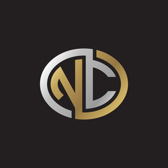 Initial letter NC, looping line, ellipse shape logo, silver gold color on black background