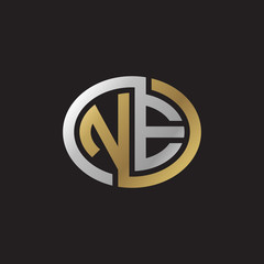 Initial letter NE, looping line, ellipse shape logo, silver gold color on black background