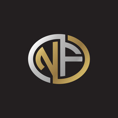 Initial letter NF, looping line, ellipse shape logo, silver gold color on black background