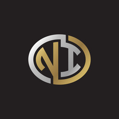 Initial letter NI, looping line, ellipse shape logo, silver gold color on black background