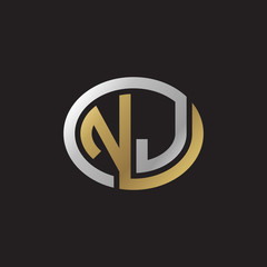 Initial letter NJ, looping line, ellipse shape logo, silver gold color on black background