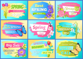 Naklejka premium Set Labels Spring Discounts Advertisement Stickers
