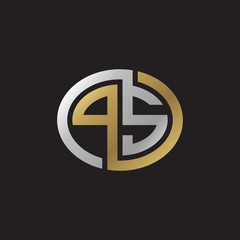 Initial letter PS, looping line, ellipse shape logo, silver gold color on black background