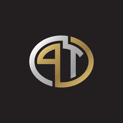Initial letter PT, looping line, ellipse shape logo, silver gold color on black background
