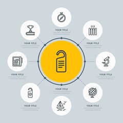 Circle network chart hotel, education, travel infographic template with 8 options for presentations, advertising, annual reports.