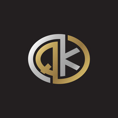 Initial letter QK, looping line, ellipse shape logo, silver gold color on black background