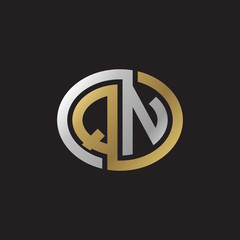 Initial letter QN, looping line, ellipse shape logo, silver gold color on black background